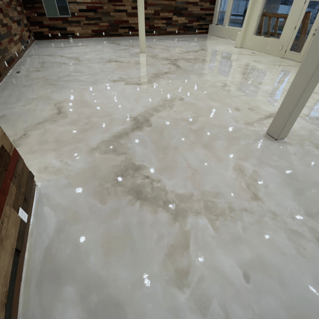 White marble style metallic epoxy flooring in Murrieta and Temecula California