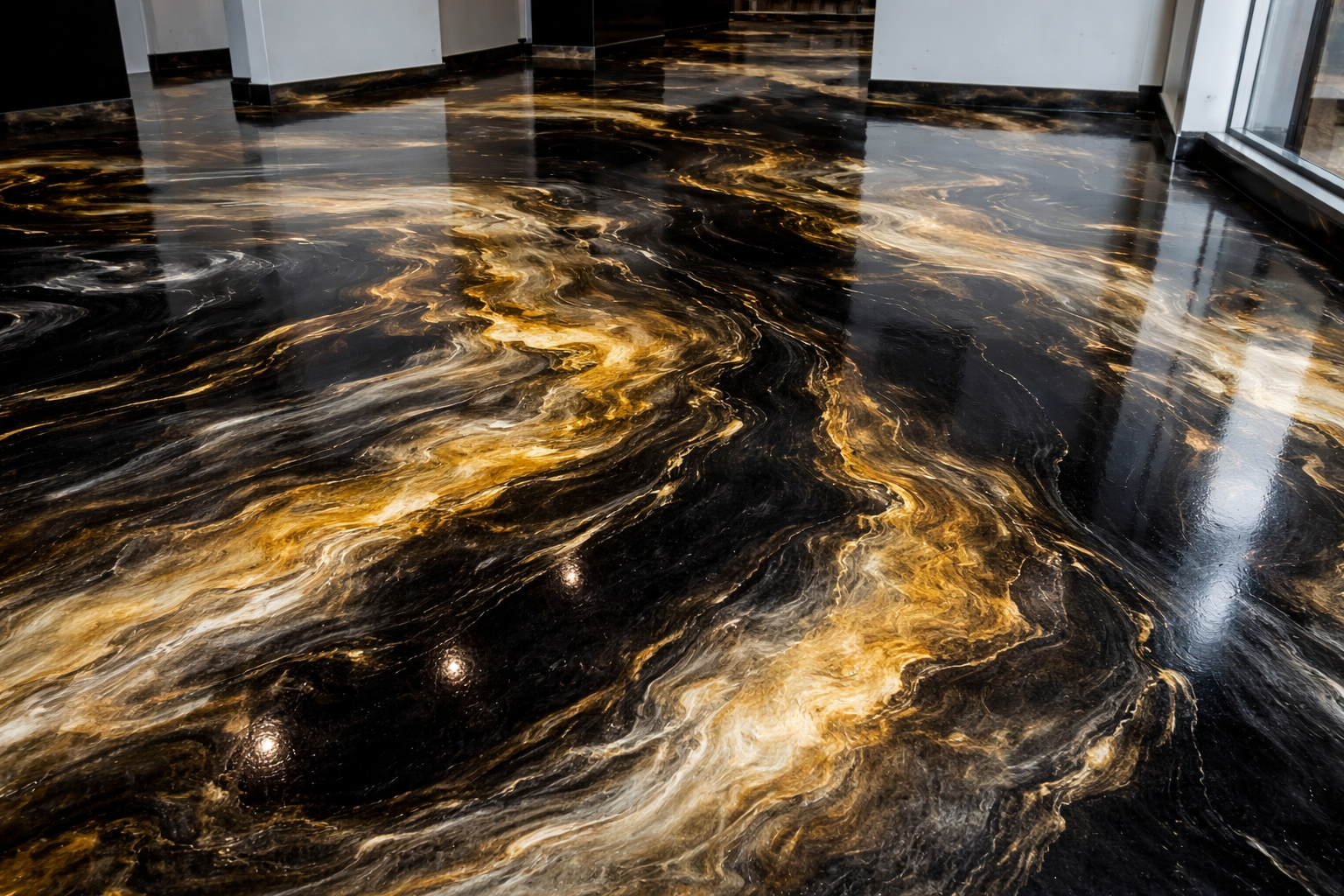 Black and gold metallic epoxy floor installation by Luxepoxy Premium Coatings in Murrieta and Temecula, California