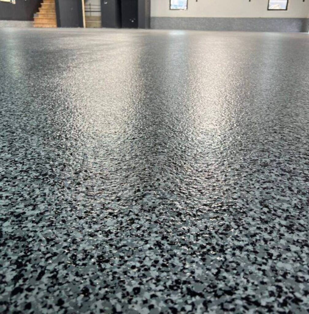 Gray flake epoxy garage floor in Murrieta and Temecula California
